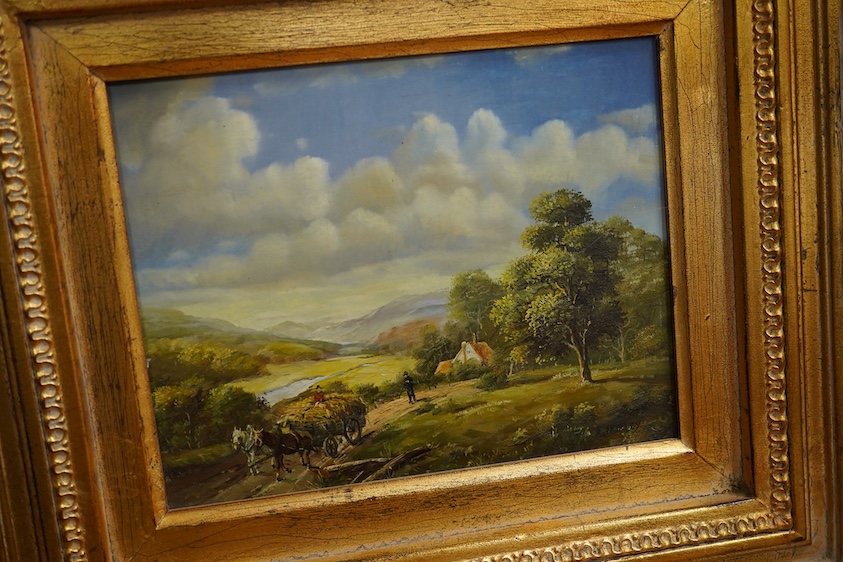 Vincci, Venetian canal and landscape, signed, pair of oils on board, gilt framed, 18 x 23cm
